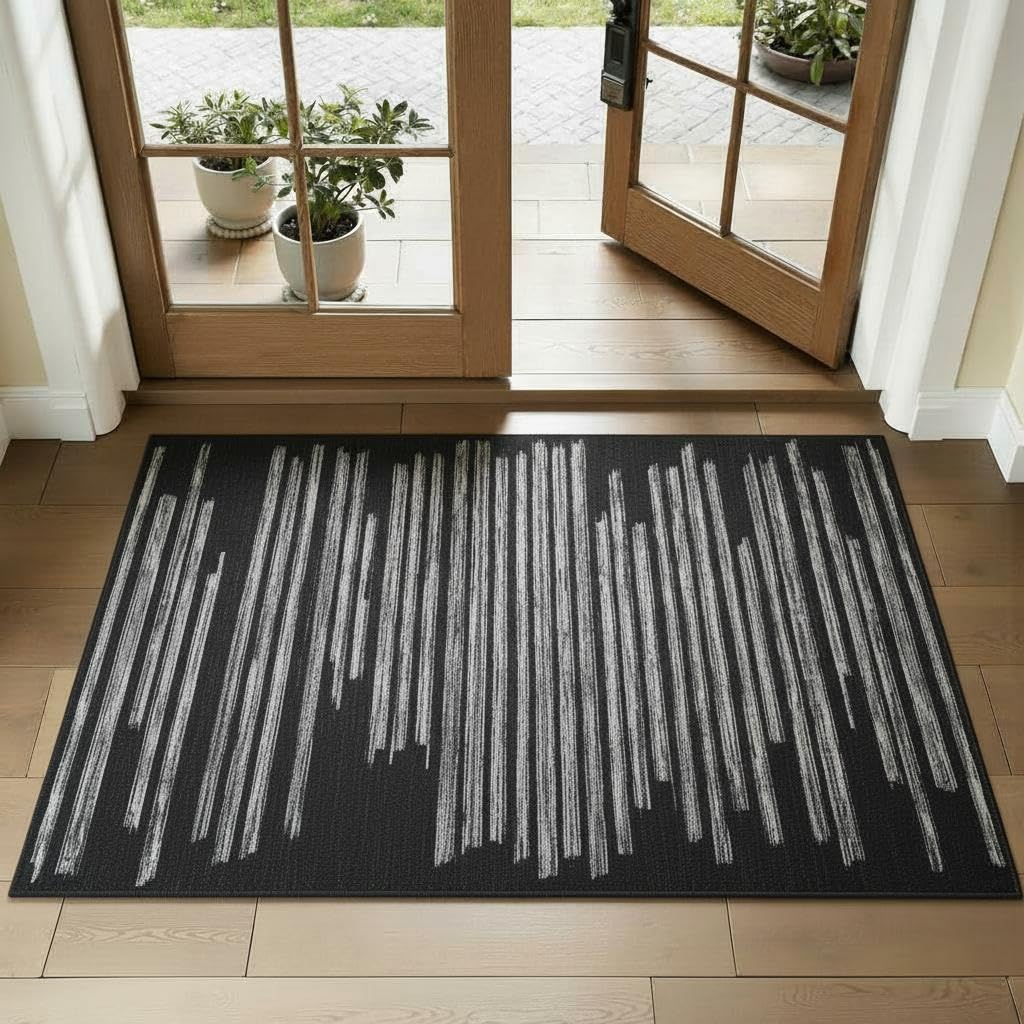 Photo 1 of *** BEIGE *** GarveeHome 2x3 Striped Small Area Rug for Entryway Machine Washable Non Slip Bedroom Soft Indoor Carpet Modern Stain Resistant Low Pile Doormat for Kitchen, Black
