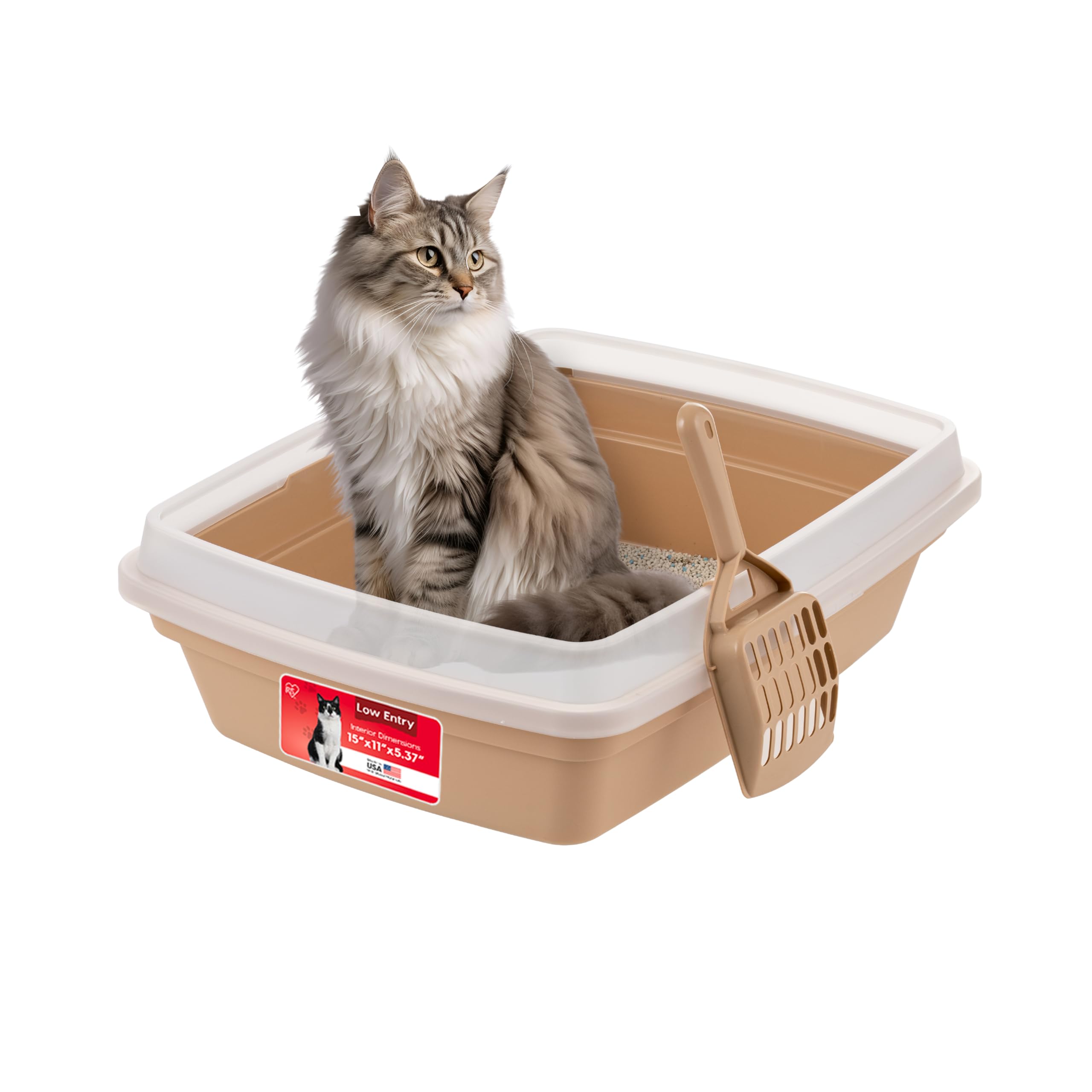IRIS USA Cat Litter Box, Open Top with Scoop, Easy Clean Plastic Pan for Indoor Cats & Kittens, Beige