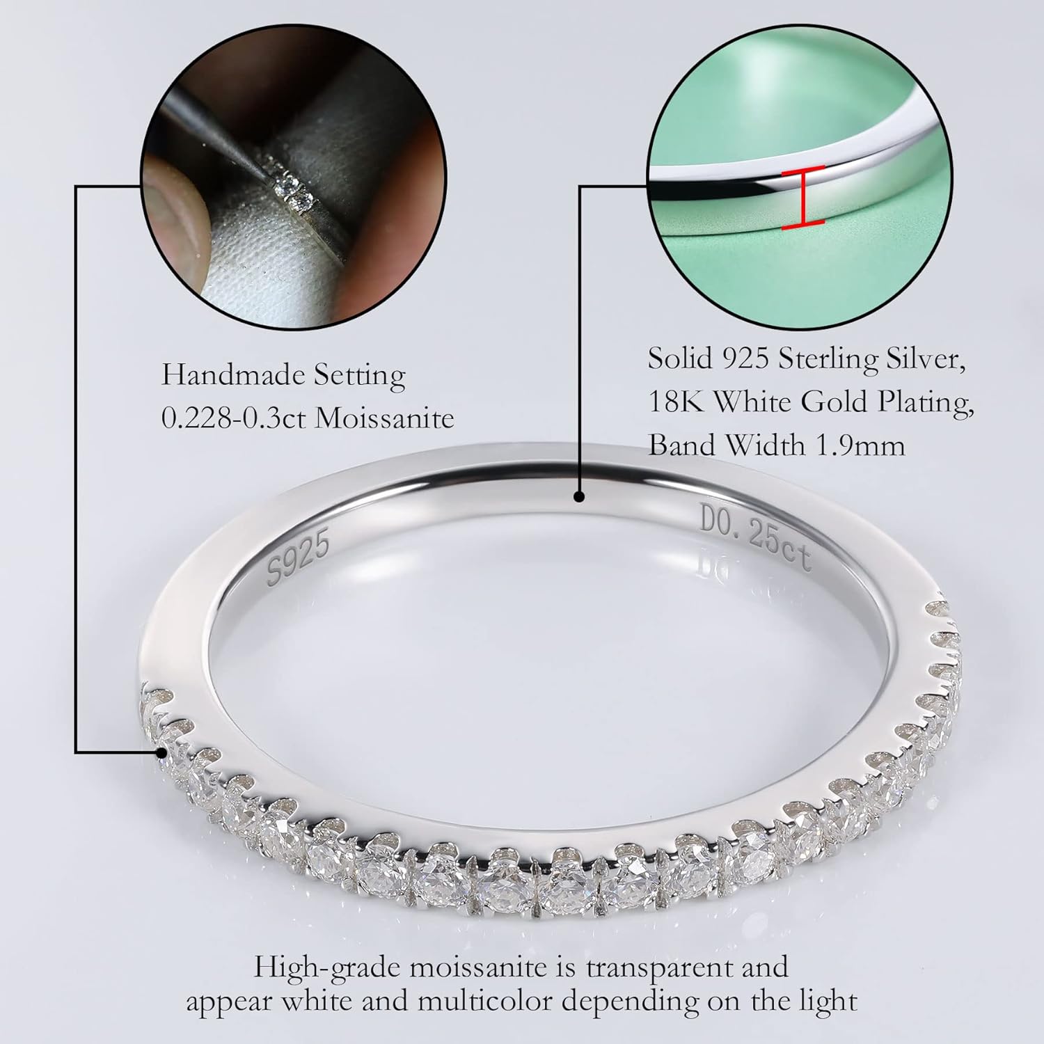 Moissanite Wedding Band Ring for Women S925 Sterling Silver Stackable Band Thin Eternity Wedding Anniversary Rings for Her Size 4-11 - Image 3