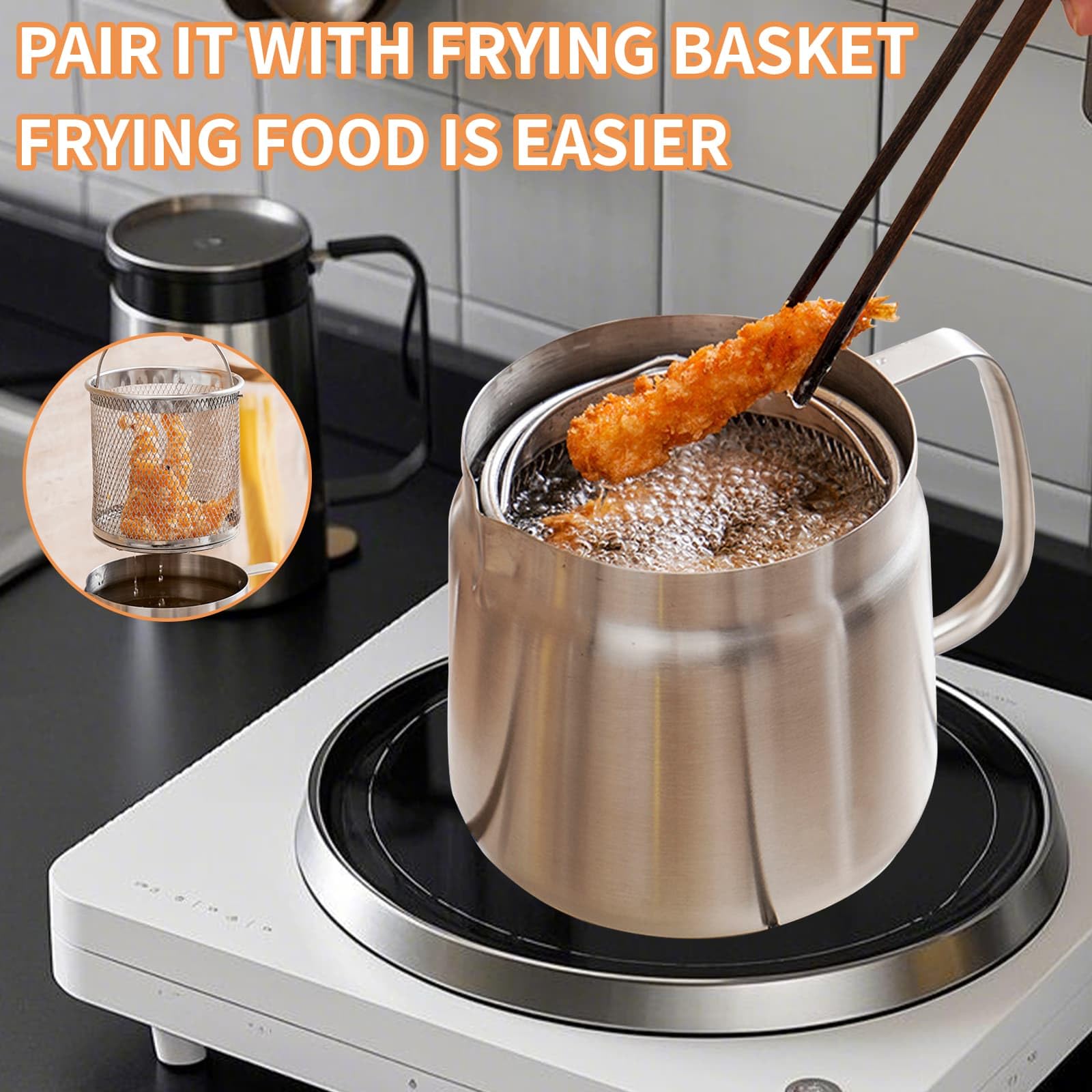 2/1.5L Oil Filter Fry Basket Oil Storage Can Pot Stainless Steel With Basket And Lid Deep Fryer Multifunctional Deep Frying Pot