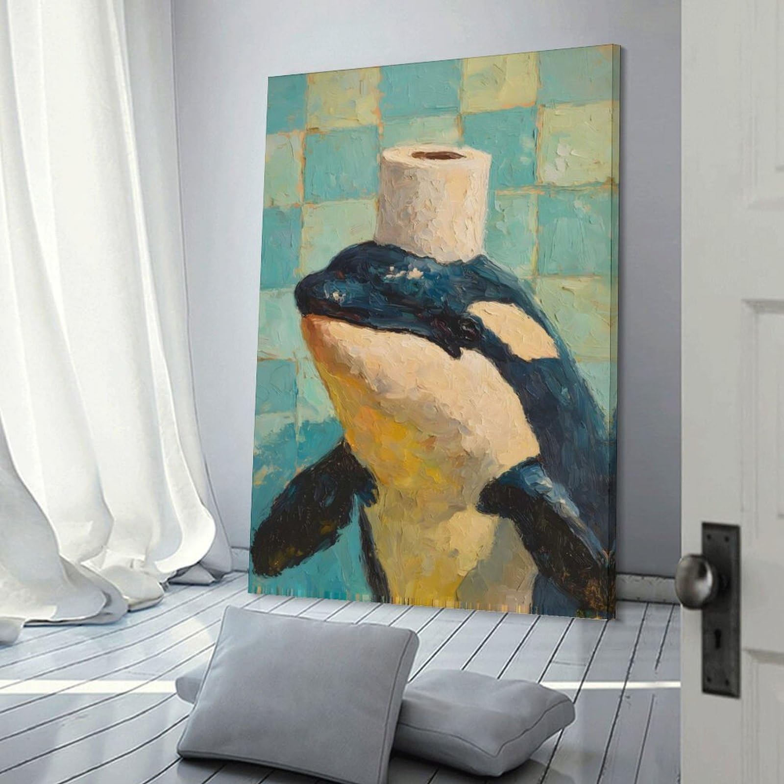 Junmoney Canvas Wall Decor Orca with Toilet Paper Hat Painting, 24x36inch(60x90cm), for Living Room, Bedroom, Office Or Hallway, Decorative Artwork with Broad Appeal