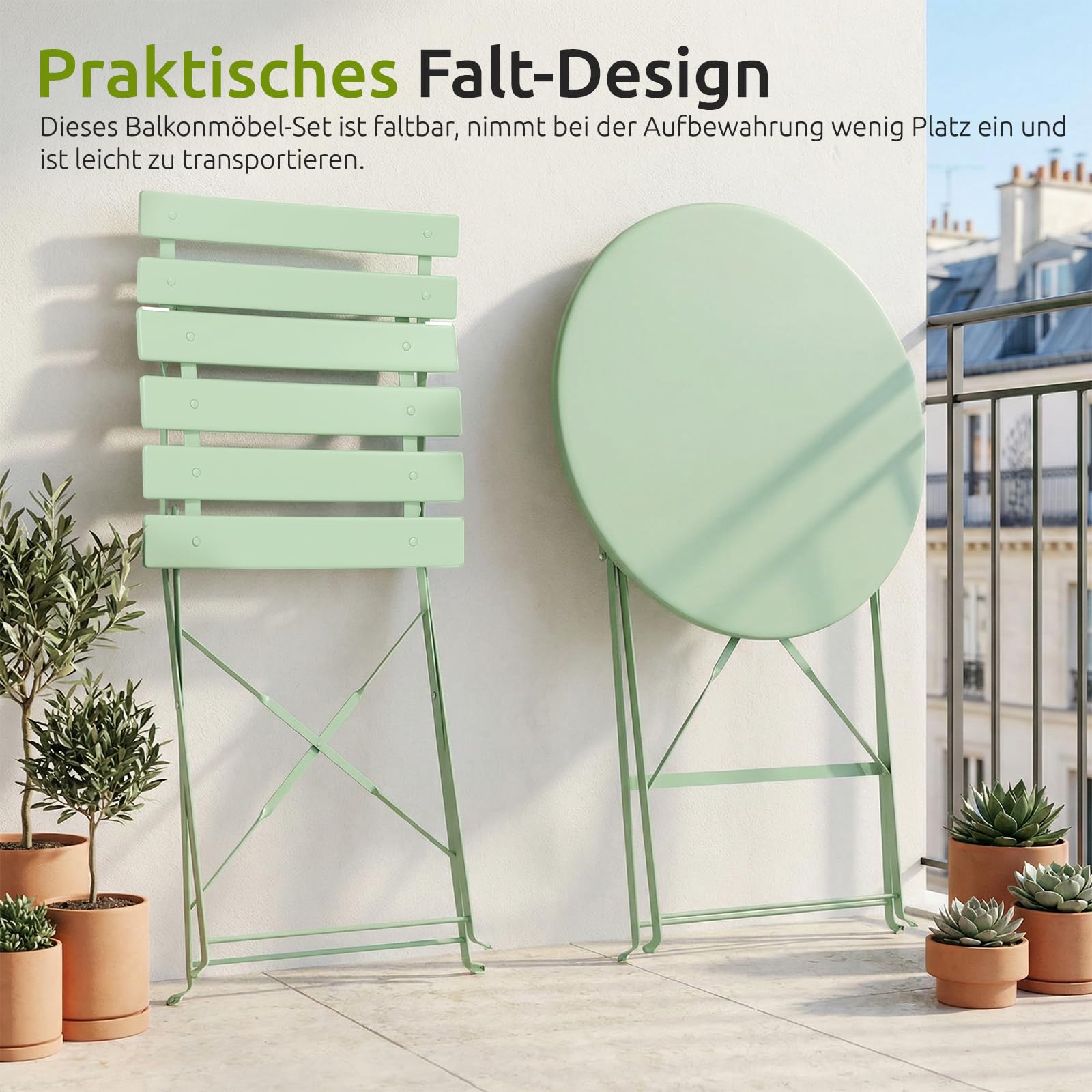 Clevich Bistro Set Balkon Metall, Balkonmöbel Set 3 teilig, Bistrotisch mit 2 Stühlen, Gartenmöbel-Set Outdoor Sitzgruppe, Faltbar und Wetterfest, für Gärten, Terrassen, Grün