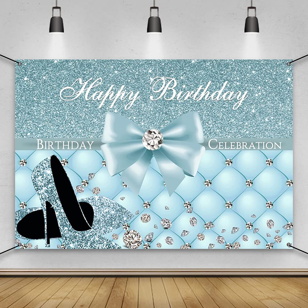 AWERT Polyester 6x3.6ft Happy Birthday Banner Glitter High Heels Diamonds Bowknot Blue Gold Sign Poster for Birthday Backdrop for Women Girls Birthday
