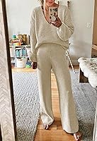 Vista 3 de Pink Wind Conjunto de 2 piezas para mujer, cuello en V, pierna ancha, suéter de punto, conjunto de sudadera de otoño