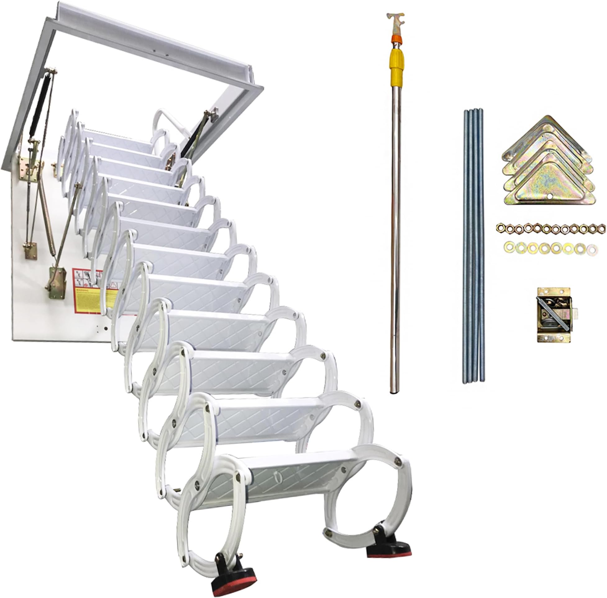 - Attic Ladder Pull Down System 12 Steps Ceiling Access Stairs Easy Installation Steel Folding Loft Ladder with Safety Lock White Open Size 27.56'' x 35.43'' 600LB Capacity for Home Garage