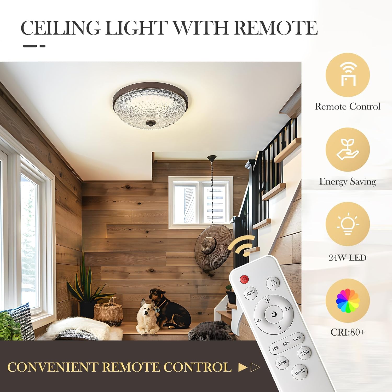 zeyu Vintage Ceiling Light Fixture, 24W LED Dimmable Farmhouse Close to Ceiling Light, 3000K-6500K Adjustable, Diamond Glass Shade in Oil Rubbed Bronze Finish, ZSL102F-LED ORB