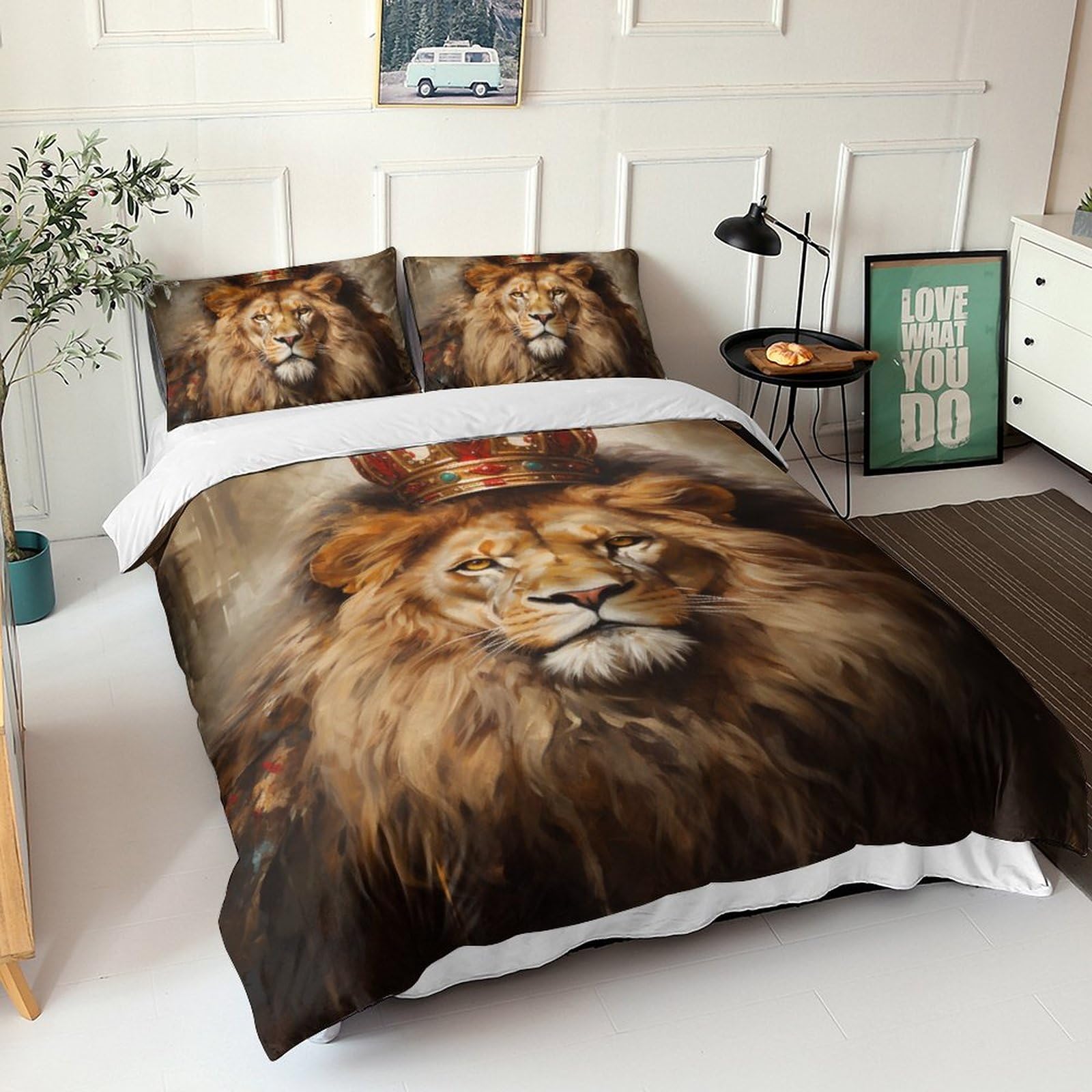 Housse de couette lion 3D en microfibre anti-plis pour lit King 220x240 avec taies d'oreiller