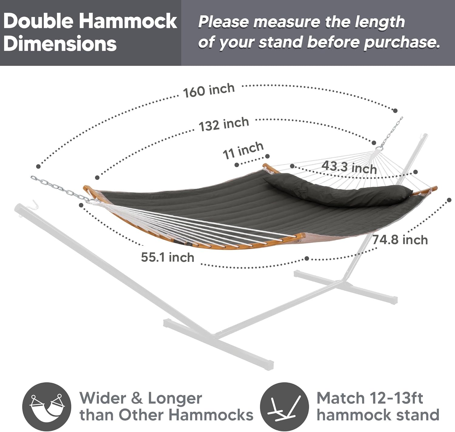 SUNCREAT Portable Double Hammock with Curved Spreader Bar, 450 lbs Capacity, Heavy Duty Outdoor Hammock with Outer Bag, Dark Gray