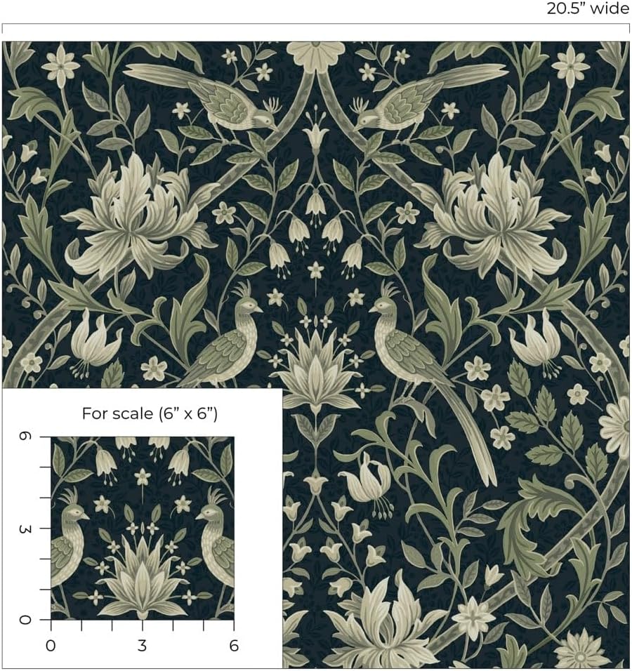 NextWall Vintage Bird Ogee Peel and Stick Wallpaper (Blue & Sage, 20.5 in. W x 9 ft. L)