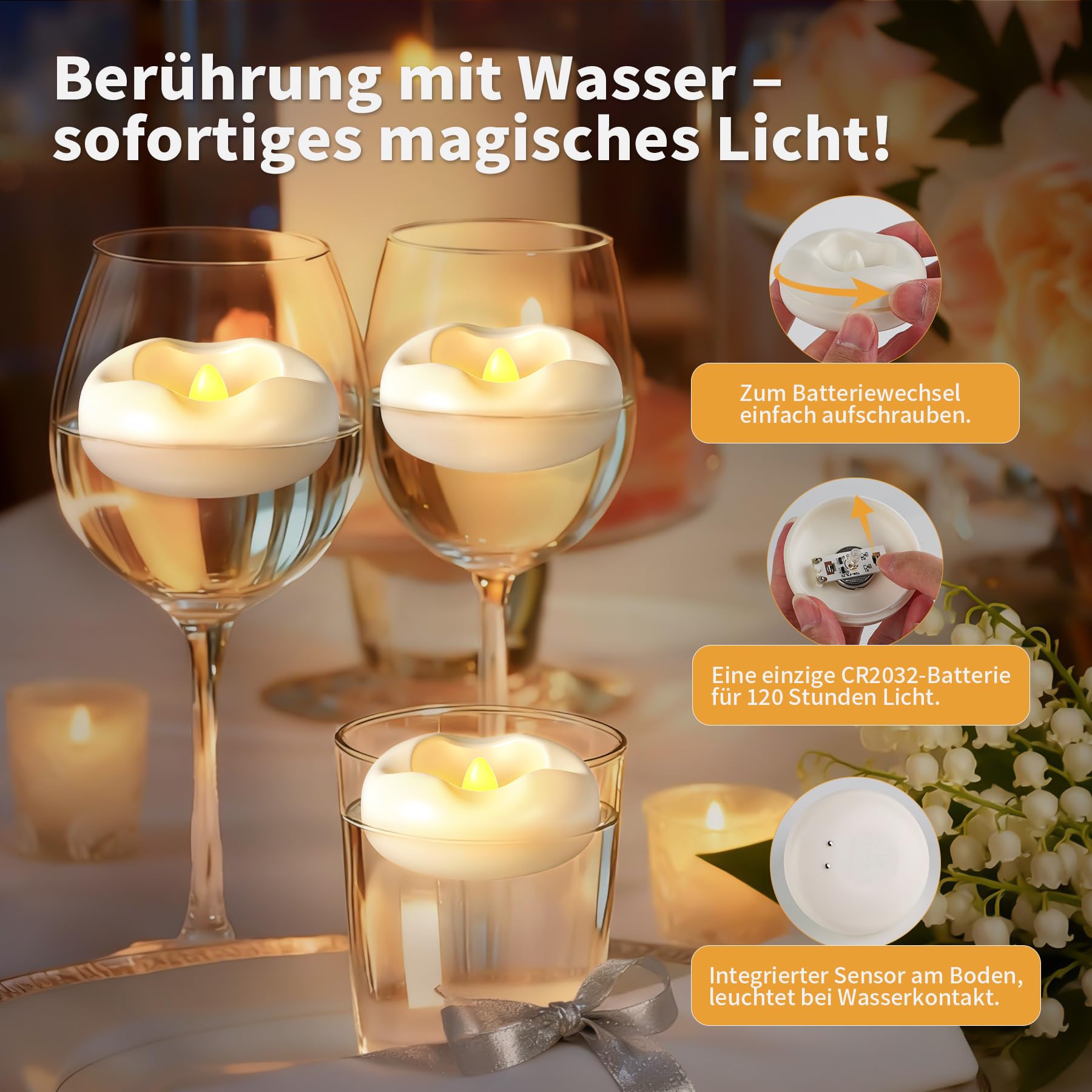 12 candele LED galleggianti impermeabili senza fiamma tremolanti, si illuminano a contatto con l'acqua, per piscina, matrimonio, vaso, decorazione della casa (5,8 cm*2,5 cm)