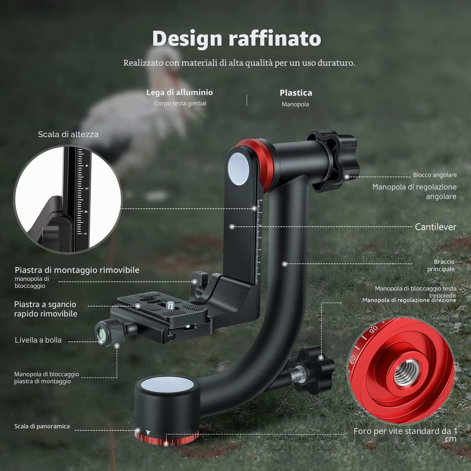 NEEWER Gimbal Testa Treppiede professionale in lega di alluminio ad alte prestazioni con piastra a sgancio rapido Arca, GM101 supporta riprese panoramiche a 360 gradi più fluide per fotocamere DSLR