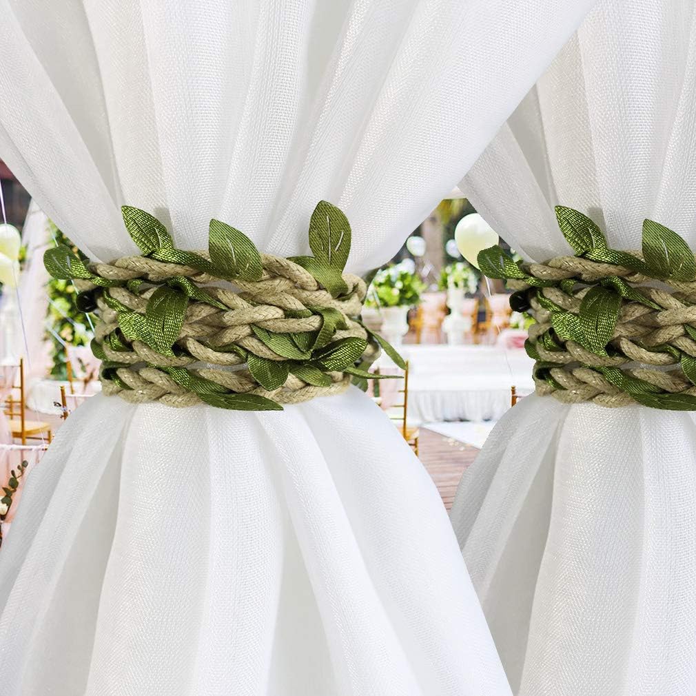 Valea Home Curtain Tiebacks Ropes Natural Burlap Rope Holdbacks with Artificial Vines Fake Foliage Ivy Leaf for Rustic Wedding Party Home Decorative Curtain Holders - Image 3