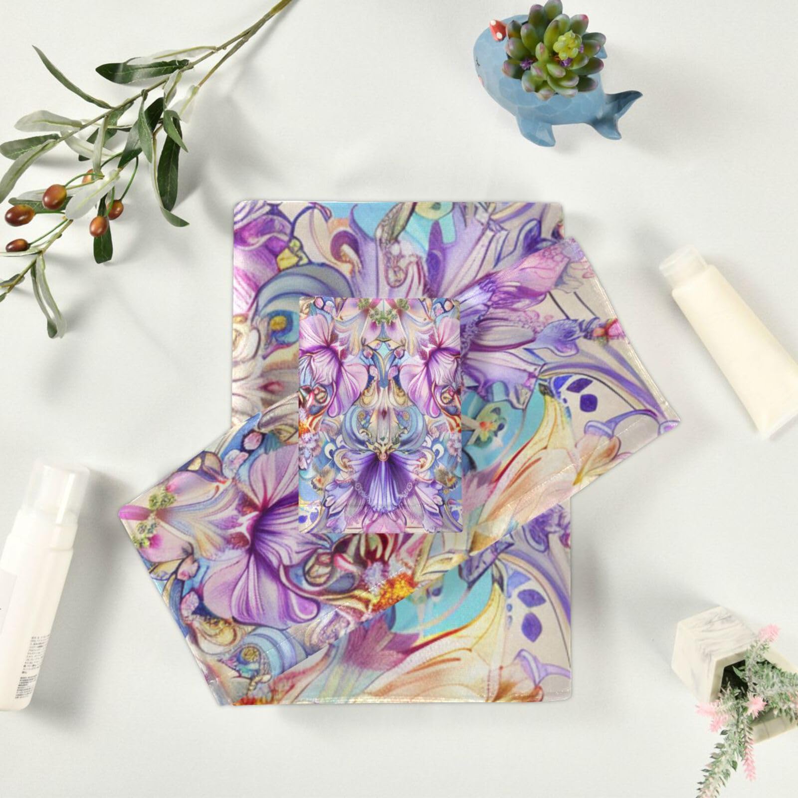 Set di 3 asciugamani decorativi per il viso in stile bohémien, motivo floreale viola, 1 asciugamano da bagno, 1 asciugamano per le mani, 1 panno per la casa, la cucina e la famiglia