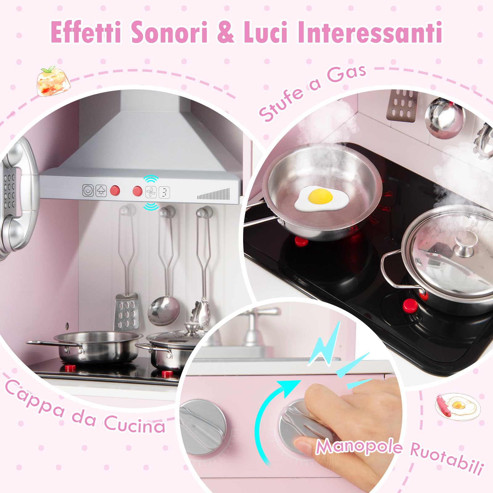 RELAX4LIFE Cucina Giocattolo in Legno per Bambini, Mini Cucina con Luci e Suoni Reali, Altezza Regolabile 97/101/103cm, Set di Cucina per Bambini 3-8 Anni (Lussuosa)