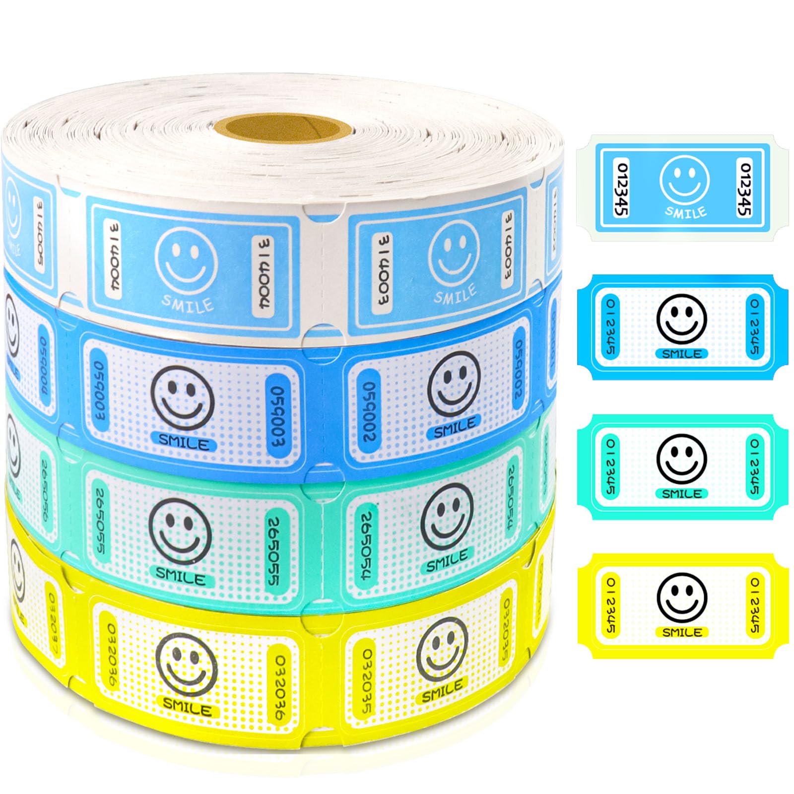 Gicare Raffle Tickets Single Roll, Smile Tickets Roll Ticket for Events, Entry, Class Reward, Fundraiser & Prizes Roll of 1000 Tickets Single 4 Assorted Colors 4000 Total-Blue,Green,Yellow,White