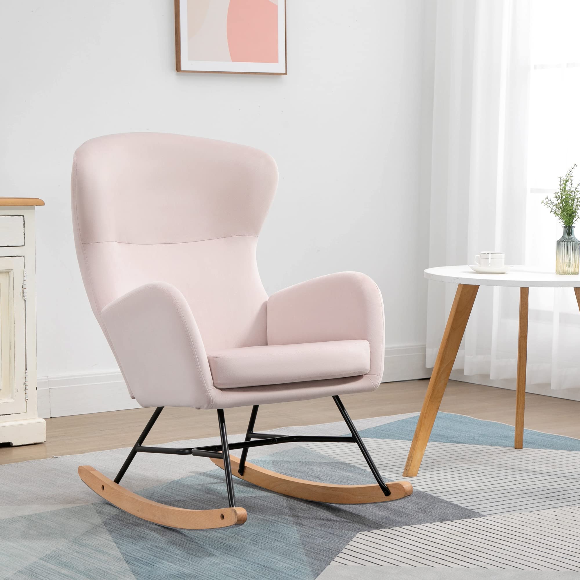 HOMCOM Silla Mecedora Tapizada en Terciopelo Sillón Balancín Relax con Asiento Acolchado Reposabrazos y Pies de Madera de Haya para Salón Dormitorio 65x87x102 cm Rosa
