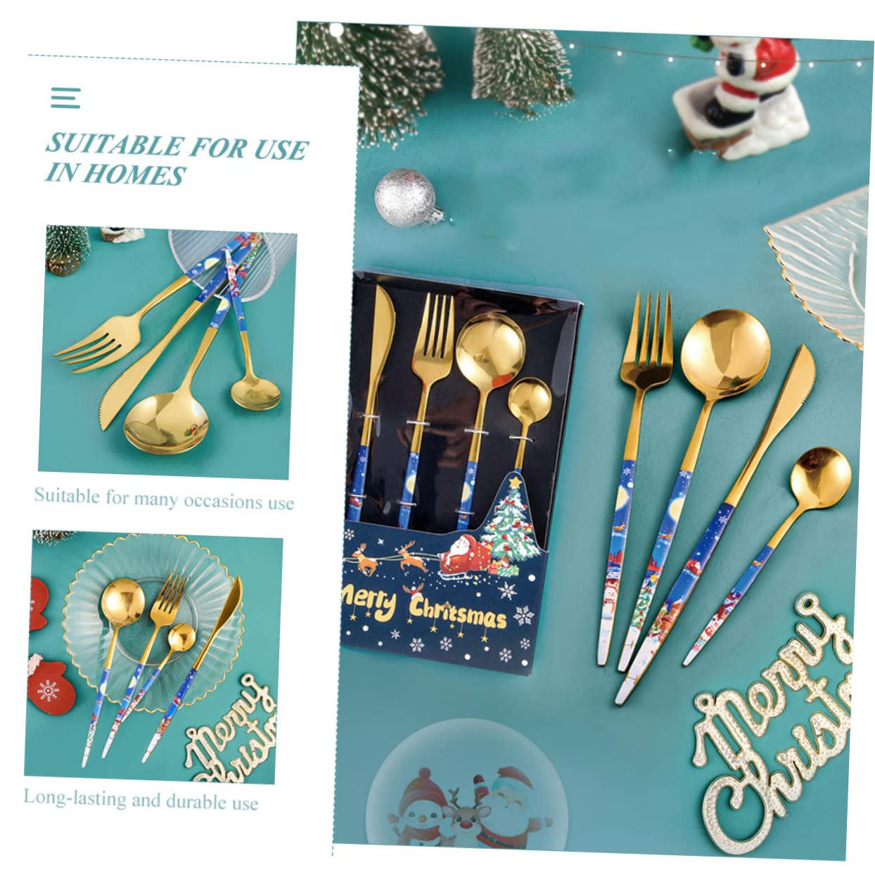 Alipis 4 Juegos De Cuchara Navideña De Acero Inoxidable Kit De Cubiertos De Estilo Europeo Vajilla Cubiertos De Fiesta Kit De Chapado En Oro Para Carne