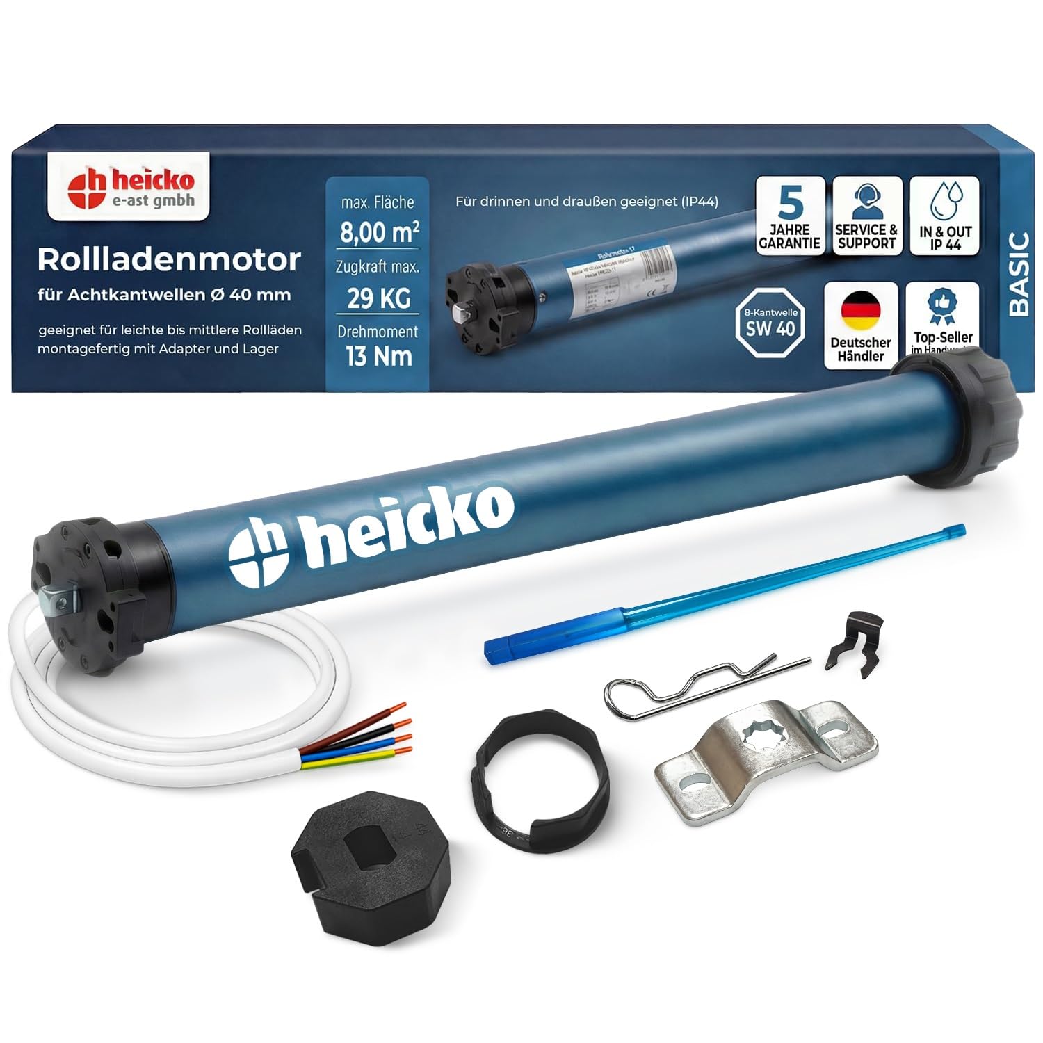 heicko Rollladenmotor | 13 Nm für SW40 Achtkantwelle | 29kg Zugkraft | Ohne Funk | Mechanische Endschalter | Leiser Rohrmotor | Wartungsfrei | IP44 Schutz für Innen und Außen