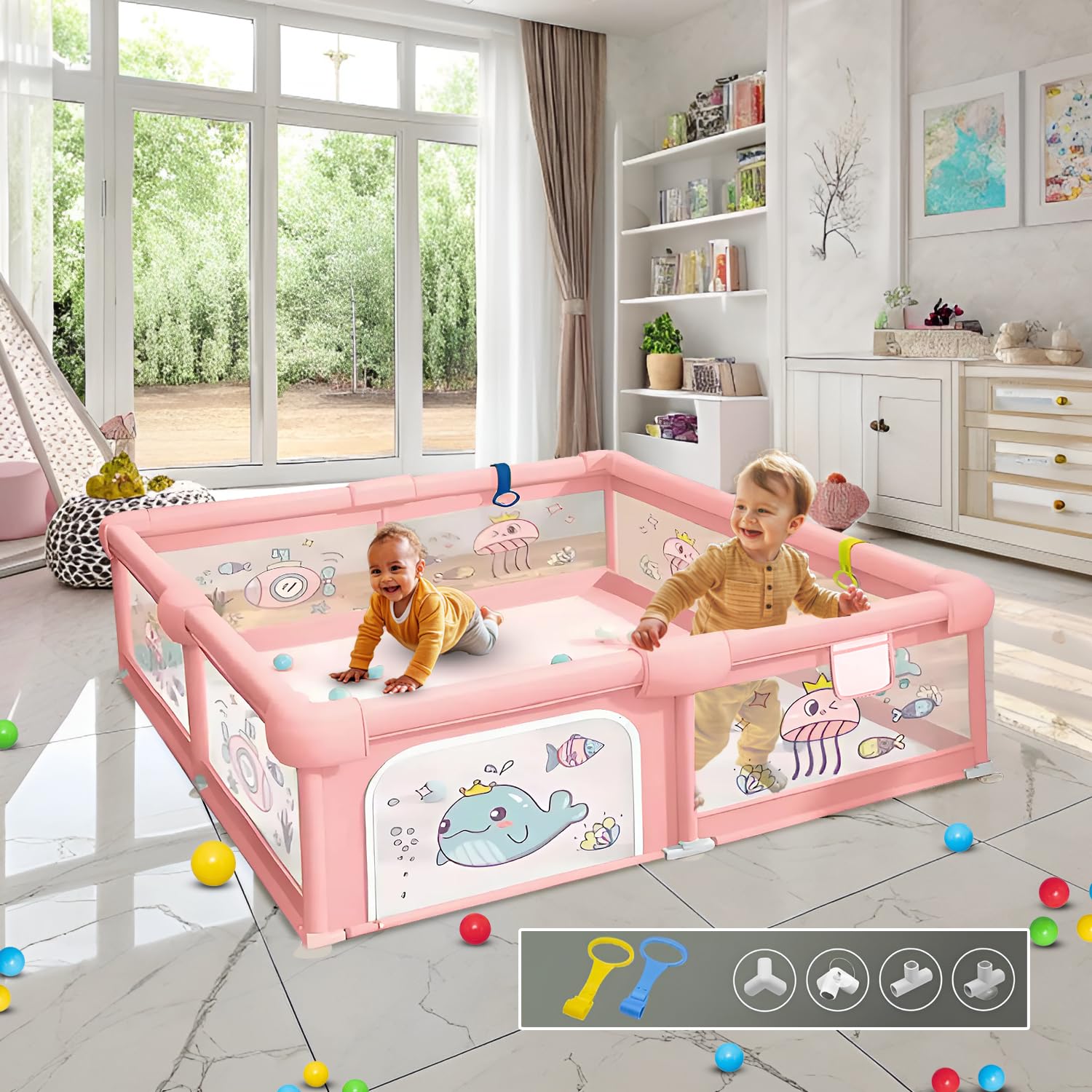 CAREIT Playards|Playpen for Kids up to 4 Years, Spacious 120x120 cm Baby Play Yard with Safety Lock & Hand Grip, Thick Padding & 360° Mesh Visibility, Portable Activity Center for Toddlers - Pink