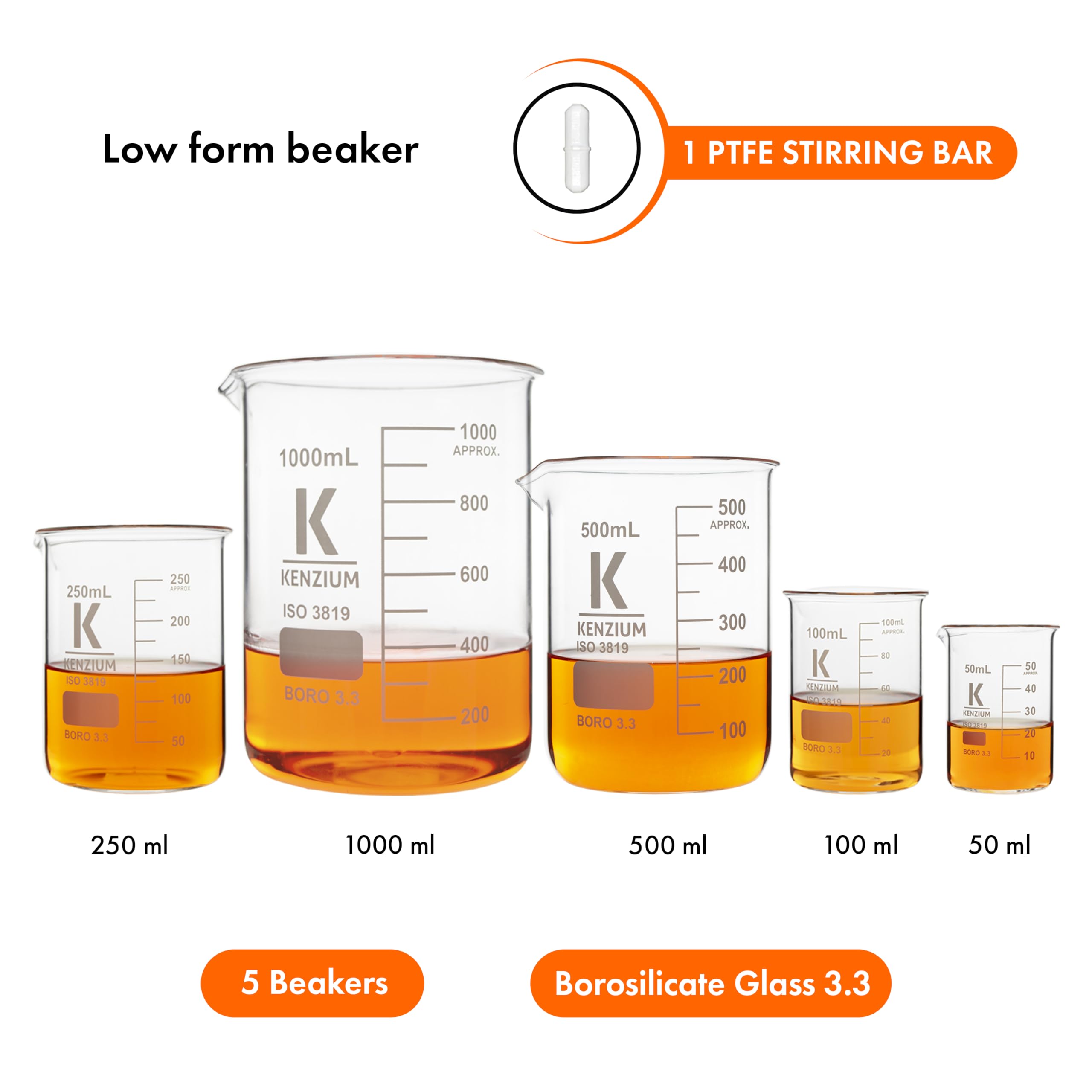 KENZIUM - Pack 5 x Vasos de Precipitados + 1 Varilla Magnética | 50, 100, 250, 500 y 1000 ml | Vidrio Borosilicato 3.3 | Forma Baja | Graduados, Con Boquilla | Alta Resistencia, Autoclavables