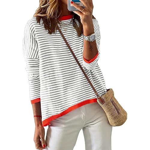 Dokotoo Womens 2024 Long Sleeve Tops Sweaters Casual Crewneck Striped Color Block Drop Shoulder Cotton Pullover Shirts