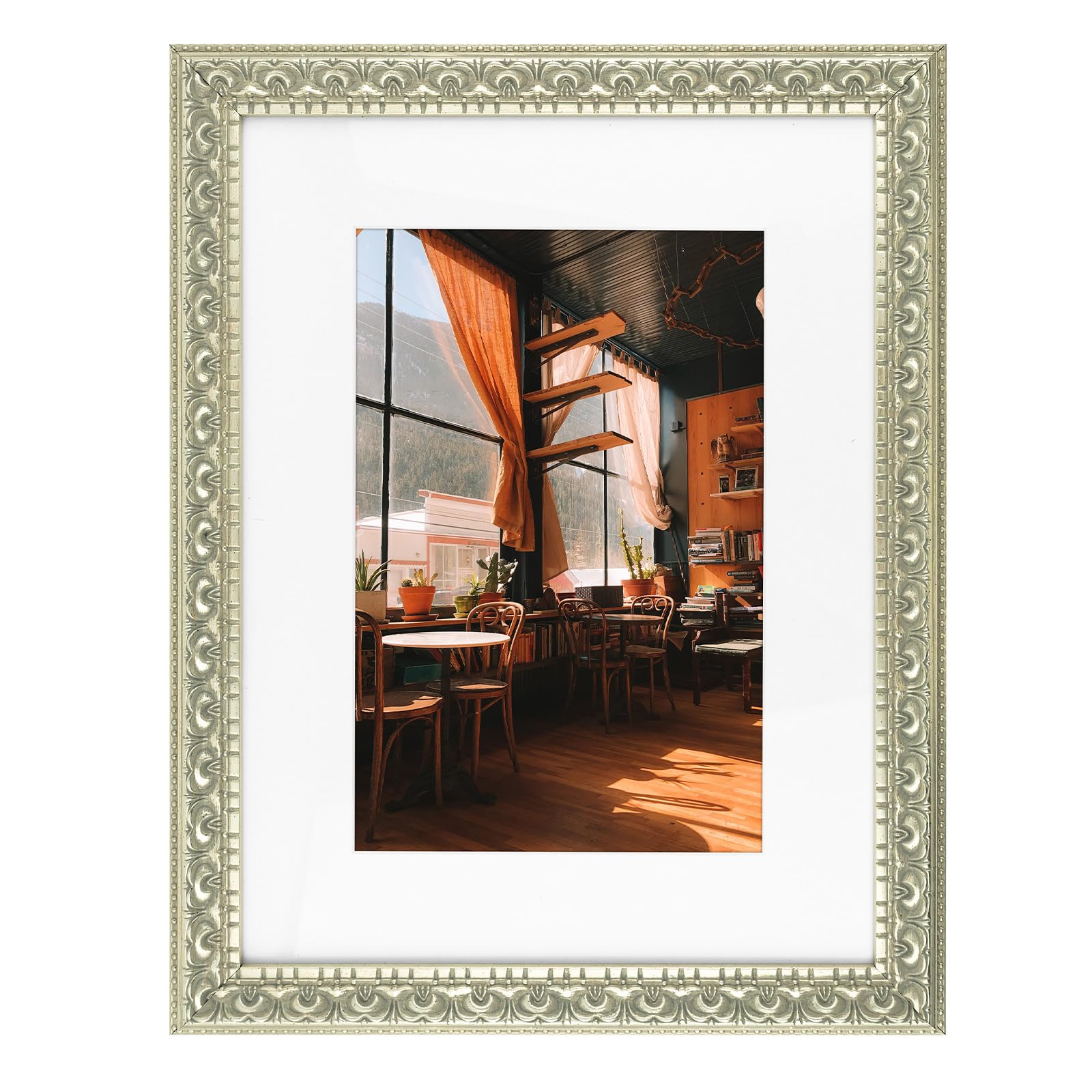 golden state art, 12x16 ornate finish photo frame with white mat for 8x12 picture & real glass, color: silver beige