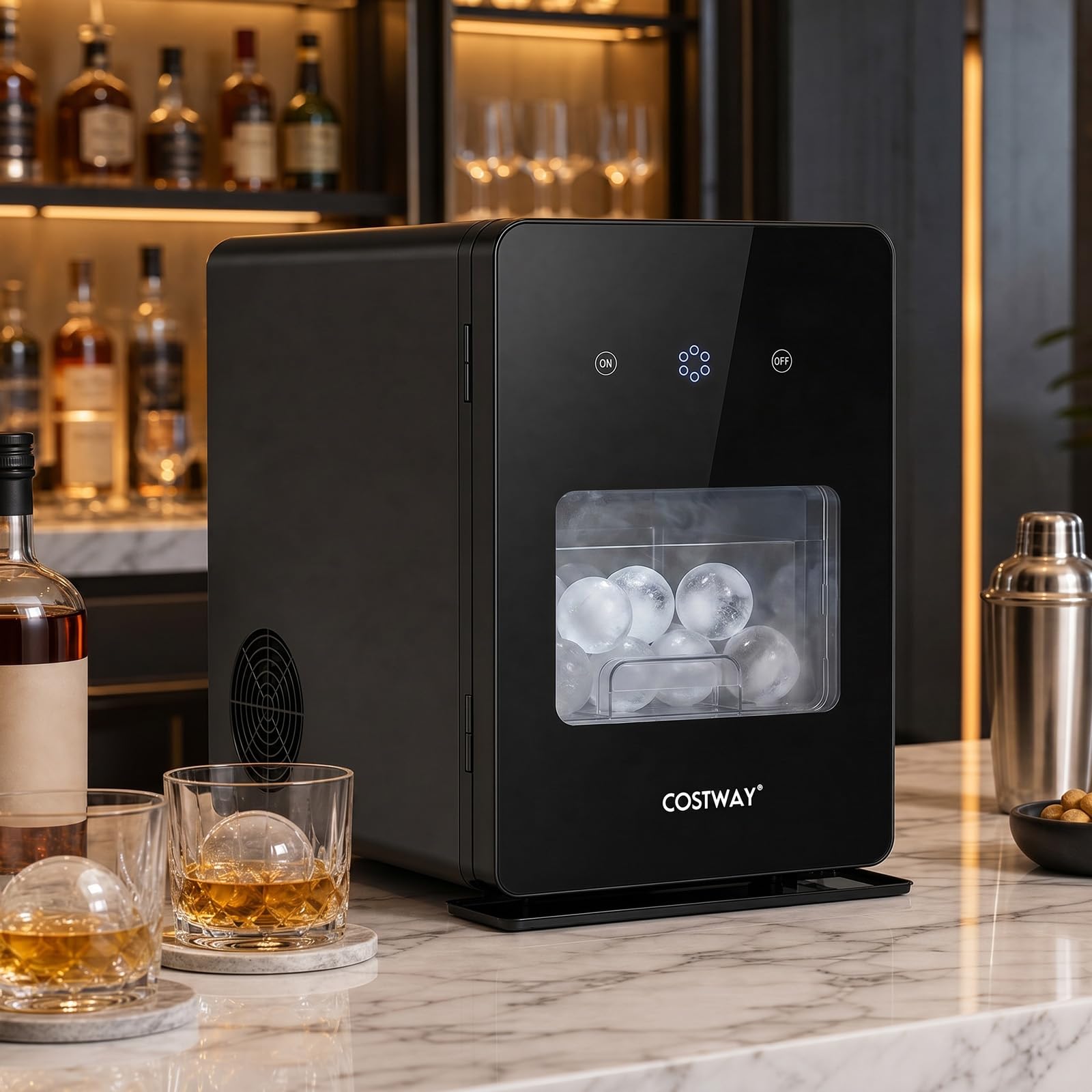 COSTWAY Macchina per Ghiaccio Sferico da 50 mm per Whisky e Cocktail | con Serbatoio 1,6 L, 4 Sfere in 38-39 Min, 150 Sfere/Giorno, Autopulente e Finestra Trasparente