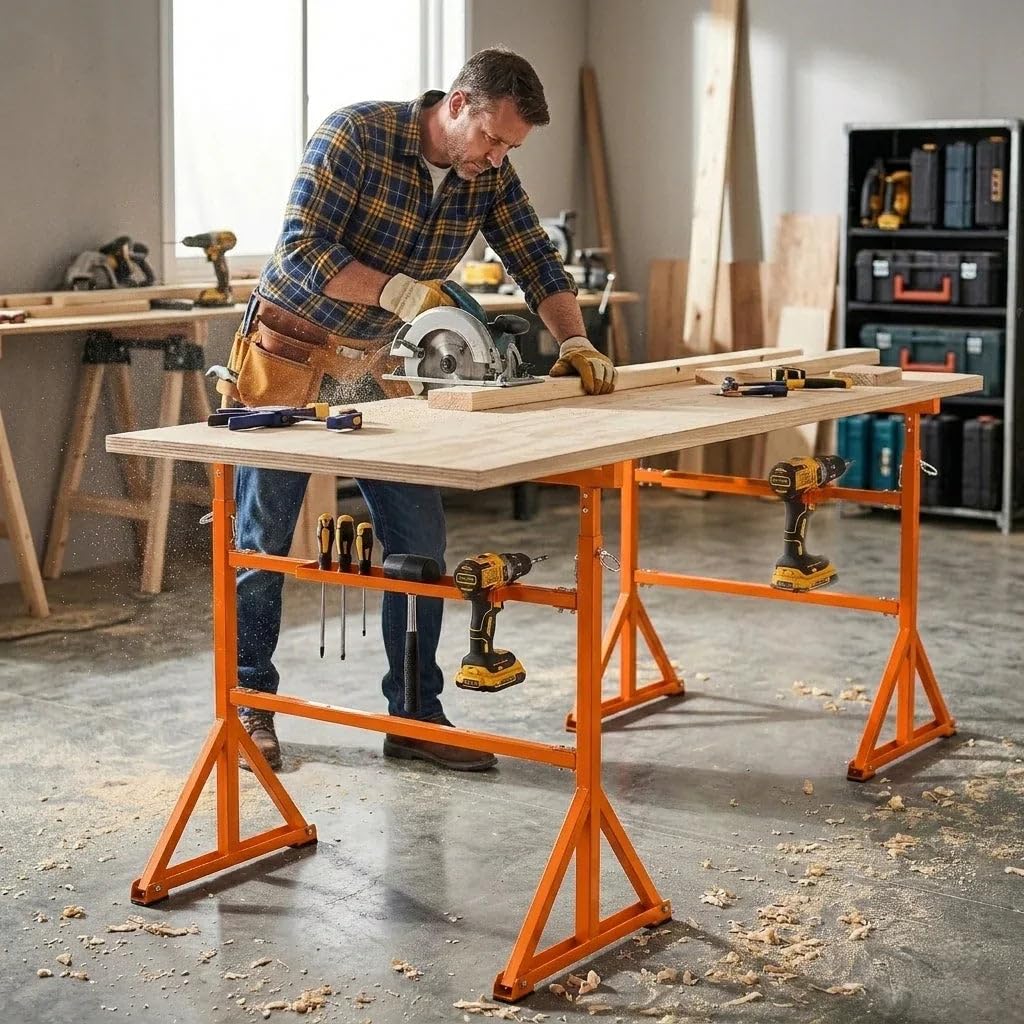 2 Supports Tréteaux de Maçon Chantier en Acier Portable Table Établi de Travail Hauteur Réglable 105,5 à 185,5 cm Pieds Antidérapants Capacité de Poids 200 kg [Crochets & Plateau Porte-Outils INCLUS]