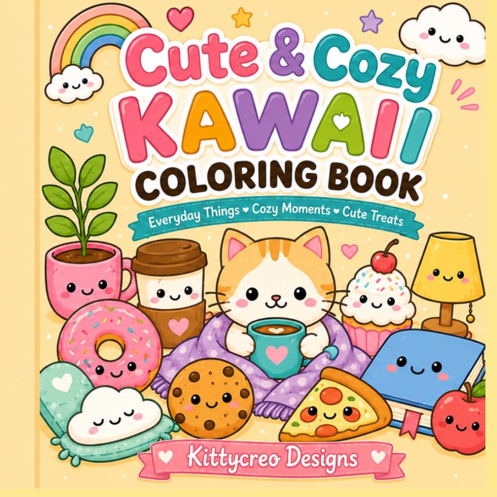 Cute & Cozy Kawaii Coloring Book for All Ages: 40 Simple and Adorable Designs Featuring Everyday Objects, Cozy Moments, and Cute Treats