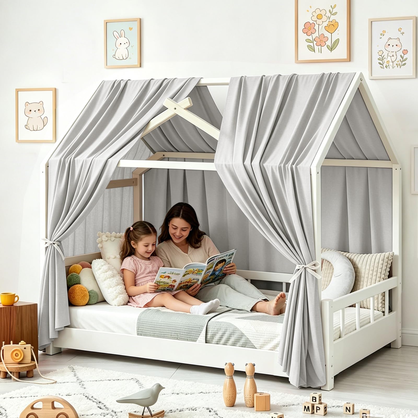 Hausbett Himmel, 2 Stück Betthimmel Hausbett Musselin, Baldachin Kinderzimmer Stoffhimmel für Hausbetten Mädchen Jungen Baldachin Kinderbett Kinderzimmer Deko (Hellgrau, H270 x B67 cm (2er Pack))