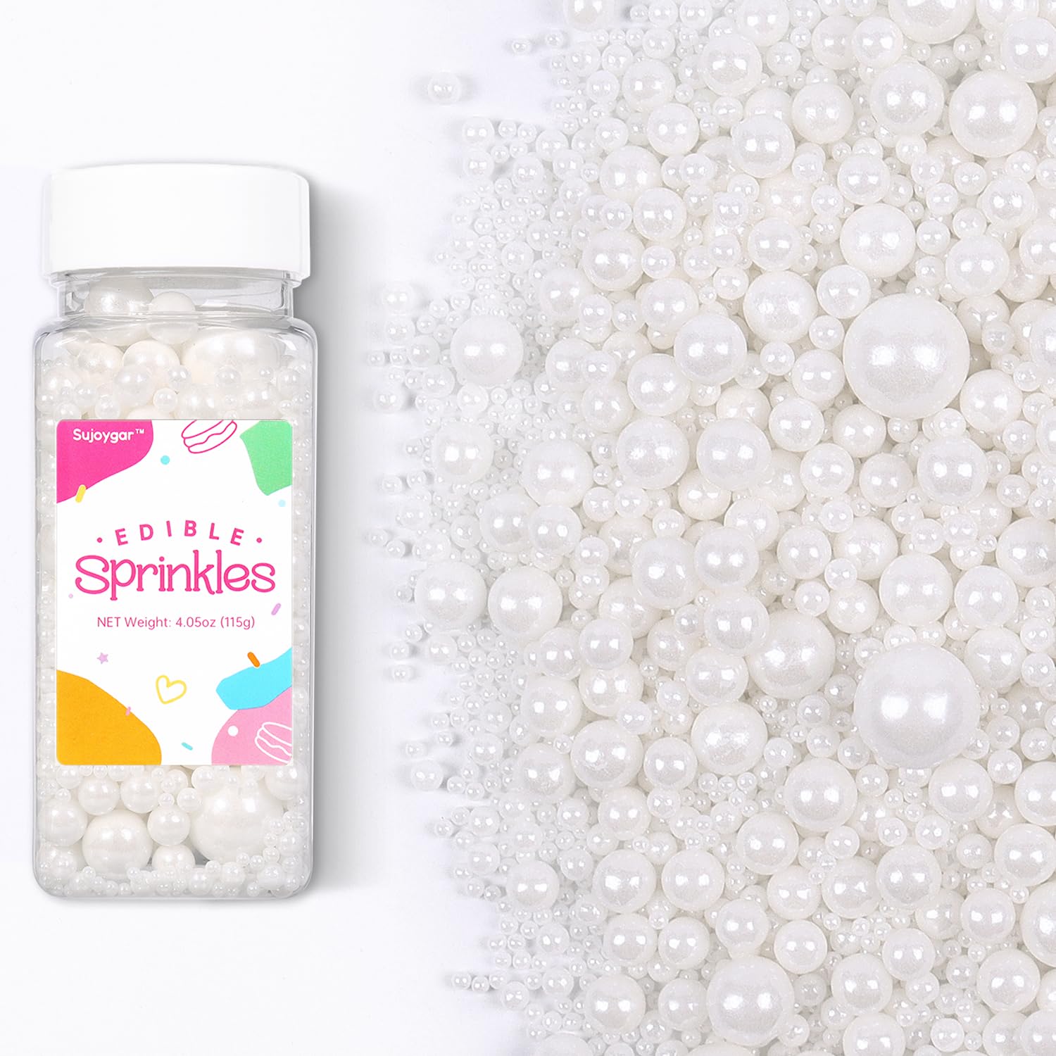 White Pearl Sprinkles for Cake Decorating, Edible Pearls Sugar for Baking Cupcake Toppers Ice Cream Cookie Wedding Party Birthday Valentines