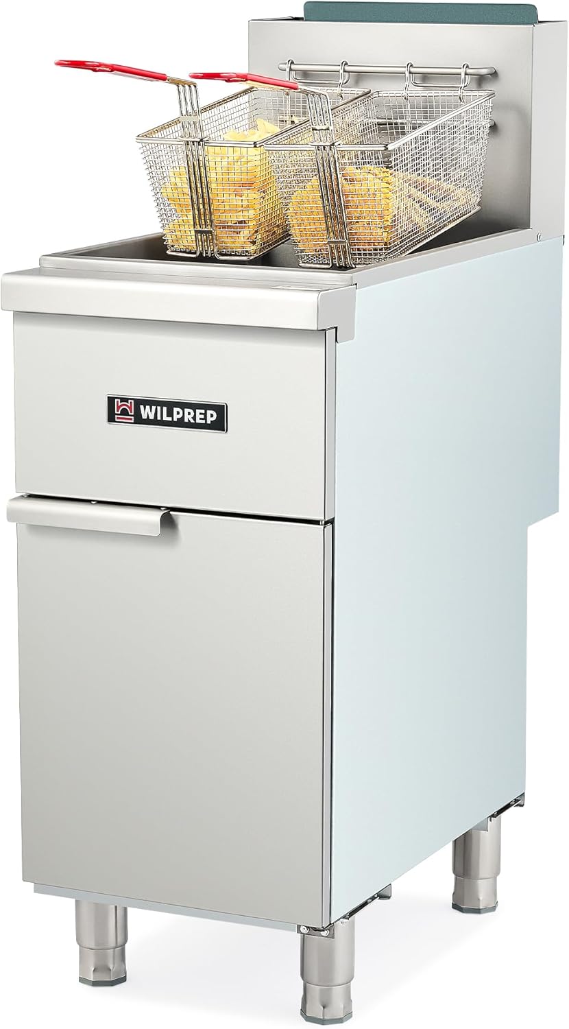 WILPREP Commercial Gas Floor Fryer with two baskets of fries