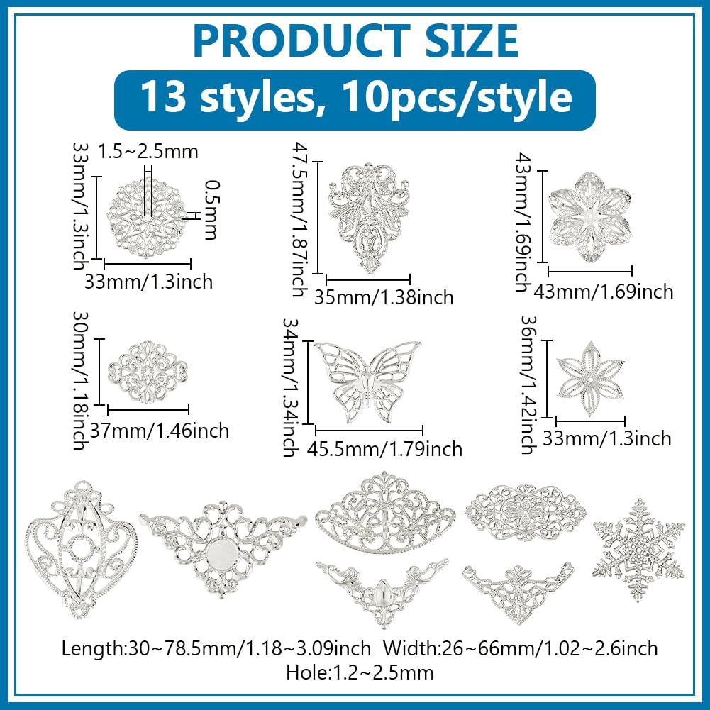PH PandaHall 130pcs 13 Styles Filigree Connector Charms Links Platinum Corner Embellishments Protectors Hollow Filigree Flower Charm Resin Filler for Christmas Pendant Earring Bracelet Jewelry Making - Image 2