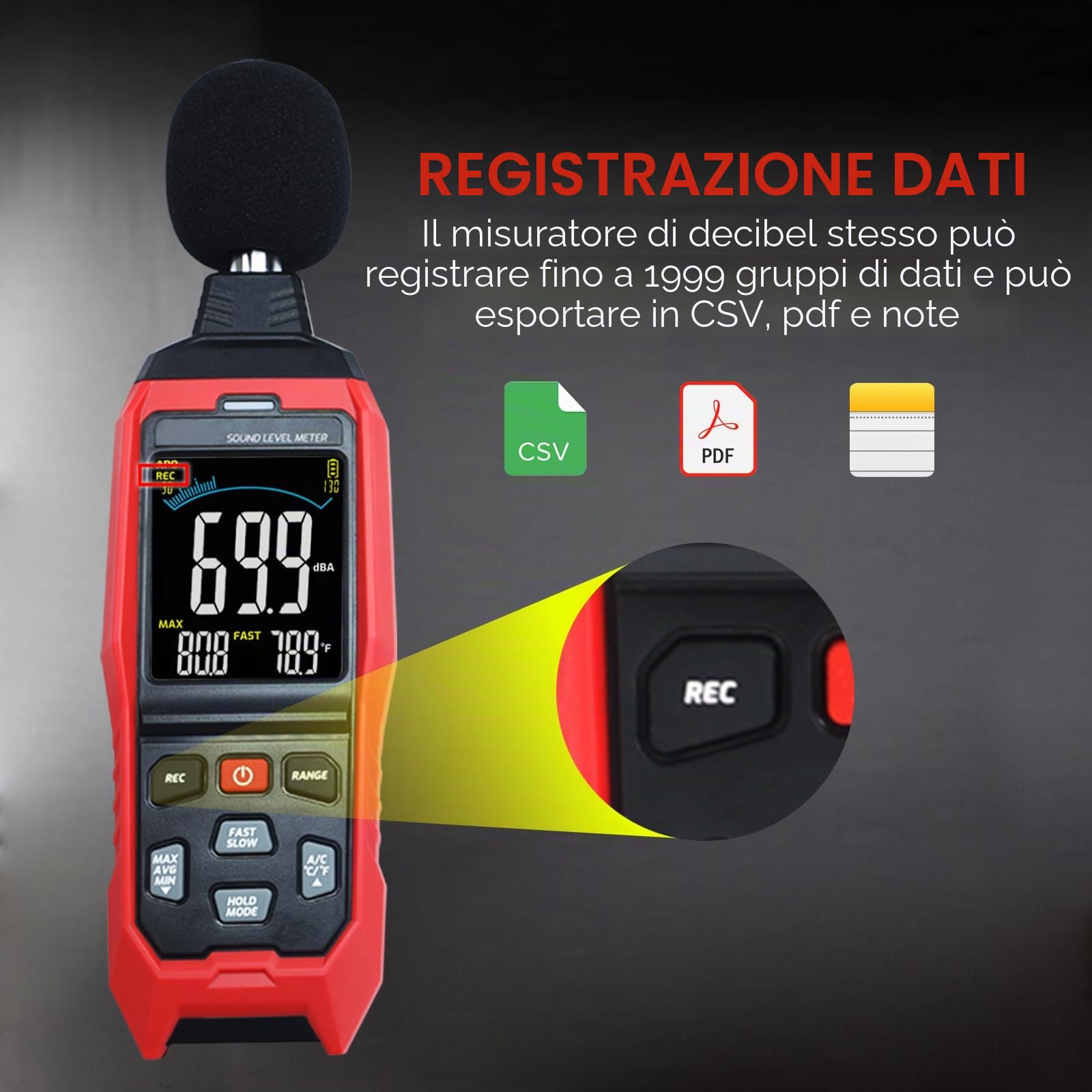 Decibel Meter con registrazione dei dati Sound Decibel Meter Data Logger, 30 ~ 130dB Misuratore di livello sonoro con allarme visivo acustico, misuratore del suono con dati di esportazione,