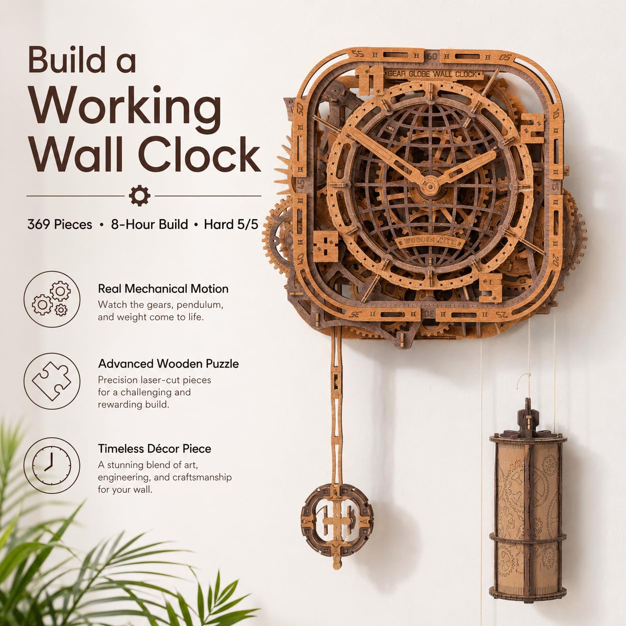 WOODEN.CITY Puzzle 3D in legno – Orologio da parete a forma di mappamondo | Orologio in legno puzzle per adulti | 369 pezzi | Orologio meccanico puzzle 3D | Non richiede colla | Prodotto in UE