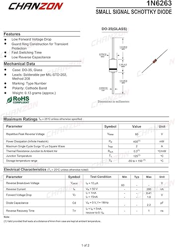 Miniatura 2 de Paquete de 50 unidades Chanzon 1N6263 Schottky Barrera Rectificadora Diodos 15mA 60V DO-35 (DO-204AH) Axial 6263 IN6263 15 mA 60 voltios Diodo de