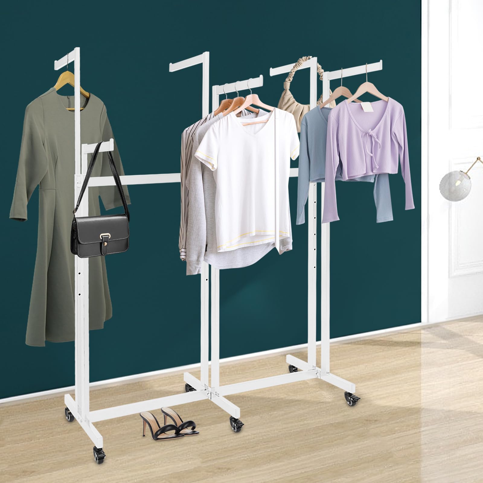 fvscgjmwp 6-Arm White Clothing Rack with Wheels - Easy Move, Adjustable for Shirts & Dresses! Perfect for Home or Store.