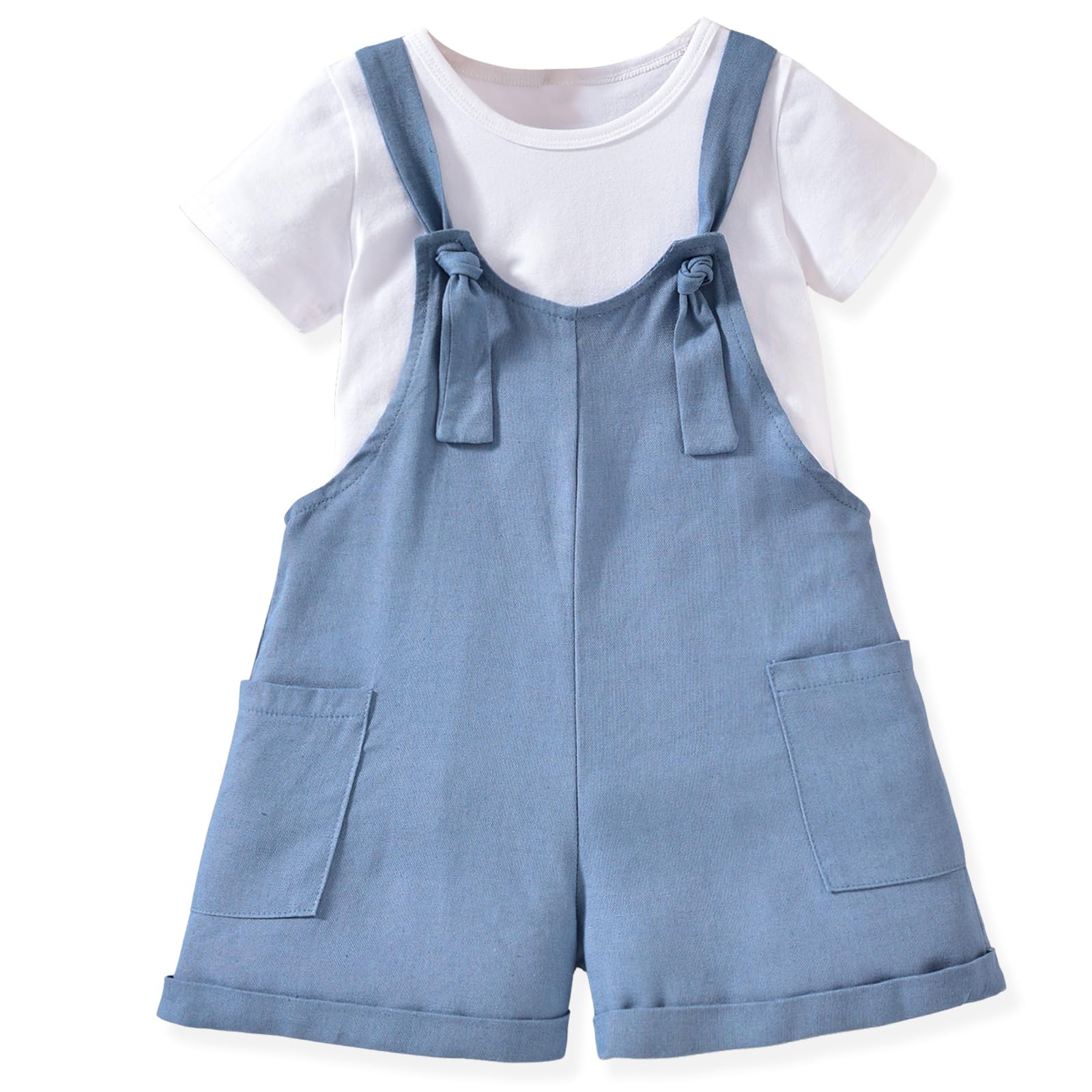 HINTINA Toddler Girl Overall Shorts Set Adjustable Loose Jumpsuit Short Sleeve T-shirt Vacation Summer Outfits with Pockets