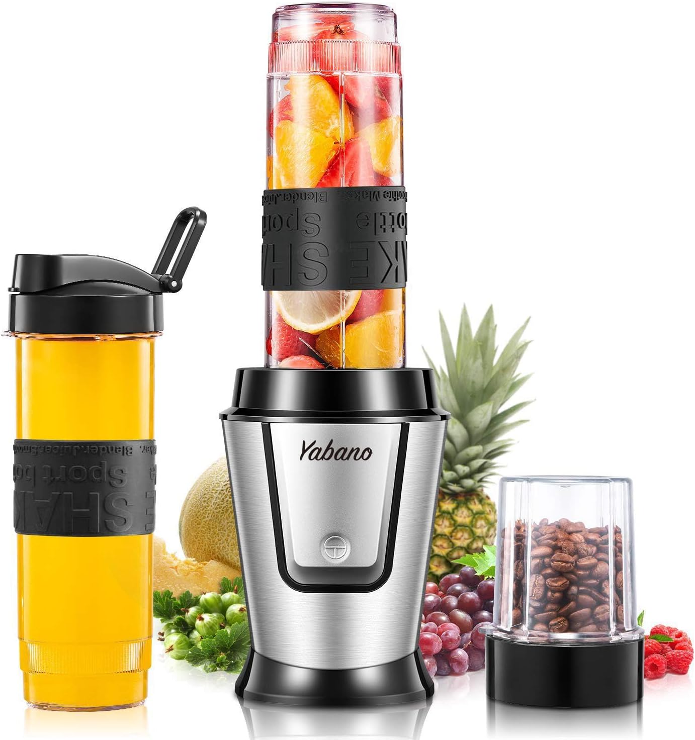 Yabano Personal Blender, 500W Electric Shake Bottle with 2 x 600 ml Travel Bottle and Coffee/Spices Jar, Portable Shaker Cups for Protein Shakes, Single Serve Blender for Shakes and Smoothies, Sports