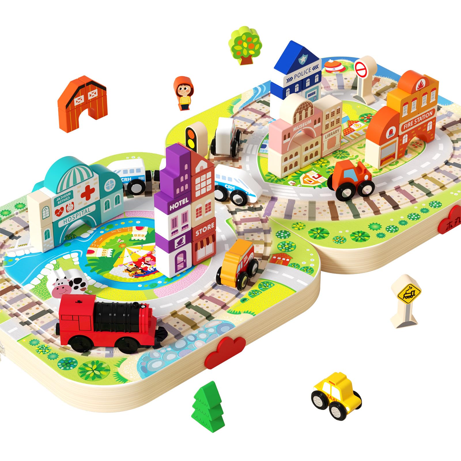 edutree Wooden City Building Blocks Train Track Set, 58PCS Construction Stacking Toddler Toy with Portable Folding Playboard Case, Montessori Preschool Educational Gift for Kids Boys Girls 3-5 4-8