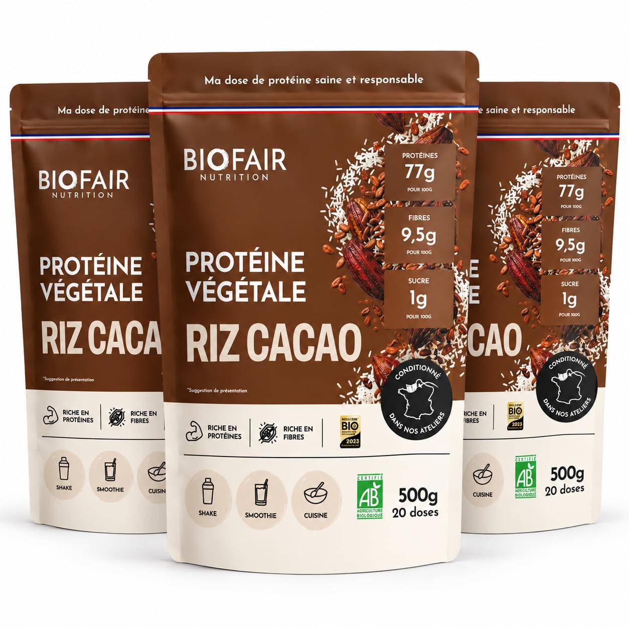 Protein Pulver Bio und Vegan - Auf Basis von Bio-Reis und Kakao - Gesund, 100% Natürlich und Nachhaltig - 20 Portionen à 25 g - 500 g