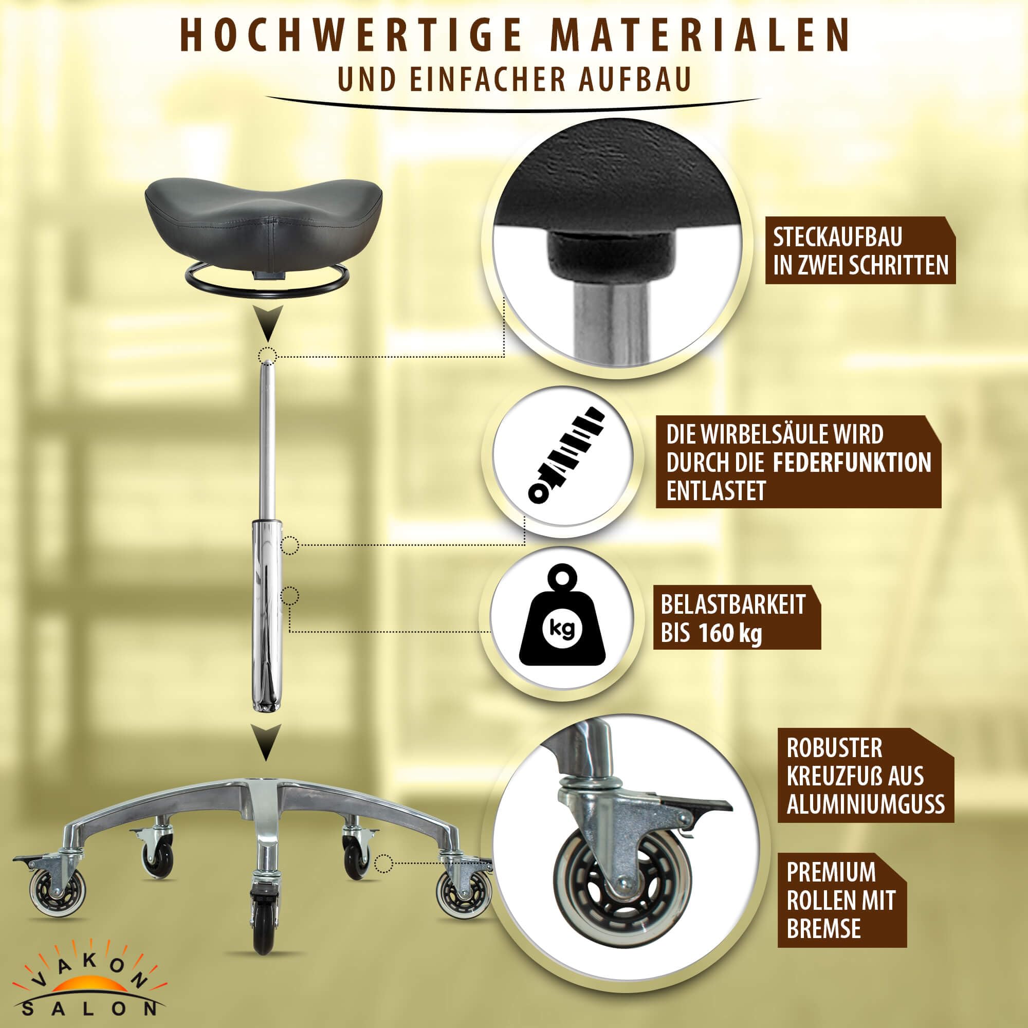 Sattelhocker Rollhocker – ergonomischer Arbeitshocker mit Butterfly Sitz – höhenverstellbar 55–75 cm – Friseurhocker Kosmetikhocker Praxishocker – Premiumrollen mit Bremse