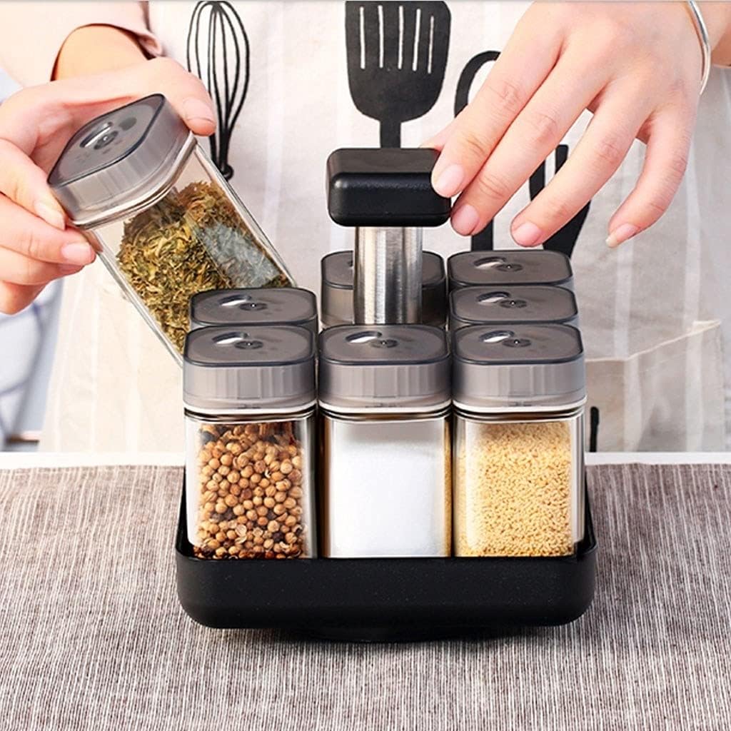 Seasoning Bottle Set Kitchen Seasoning Bottle Set, Family Rotating Glass Cruet Category Unique Seasoning Jar (9 Pieces) Spice Bottle Set