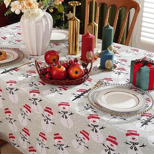 Miniatura 7 de Mantel de vinilo de muñeco de nieve blanco navideño con reverso de franela, mantel rectangular de PVC, manteles impermeables de Navidad para