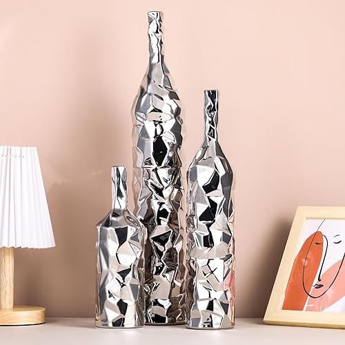 Miniatura 5 de Jarrón de piso de 19.6 pulgadas de alto, florero grande plateado, florero alto, florero de arte moderno, florero de cerámica plateada, florero de