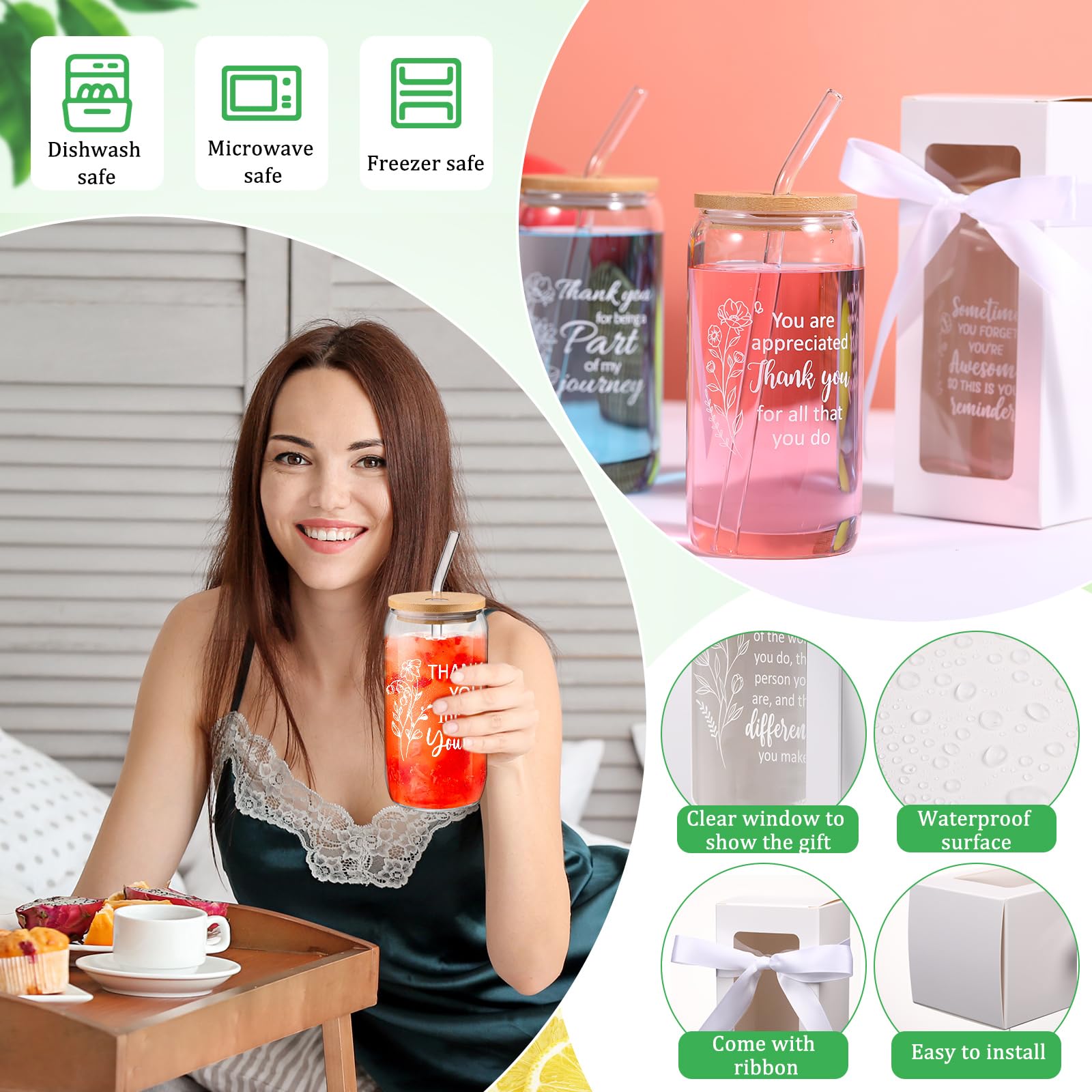 Ziliny Juego de 24 vasos de vidrio de 16 onzas con tapas y popotes con caja de regalo semitransparente para amigos, profesores, enfermeras (floral y equipo)