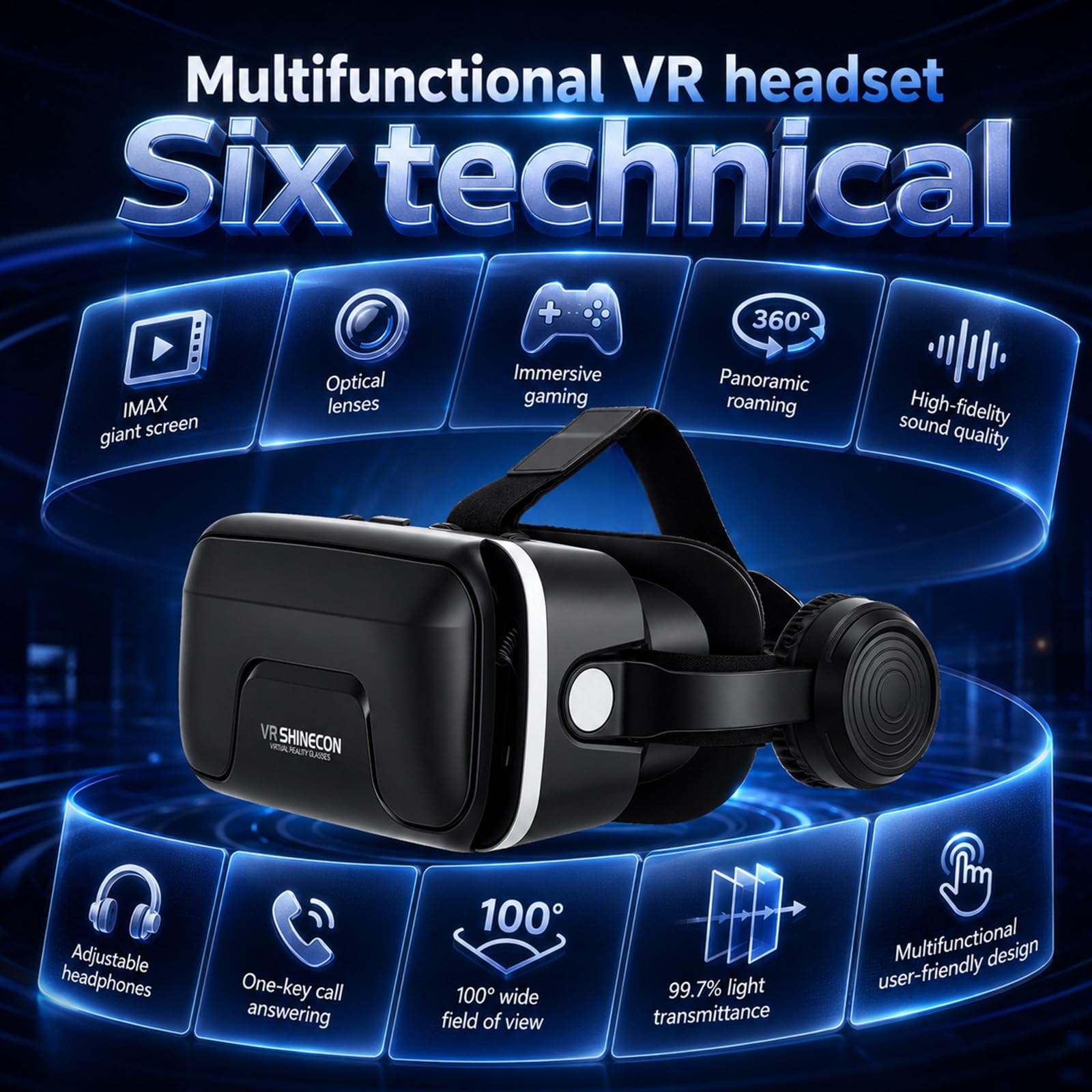 Casque VR 3D avec Écouteurs Verres HD Anti-Lumière Bleue Compatible Smartphones iPhone Android 4,7-7,2"