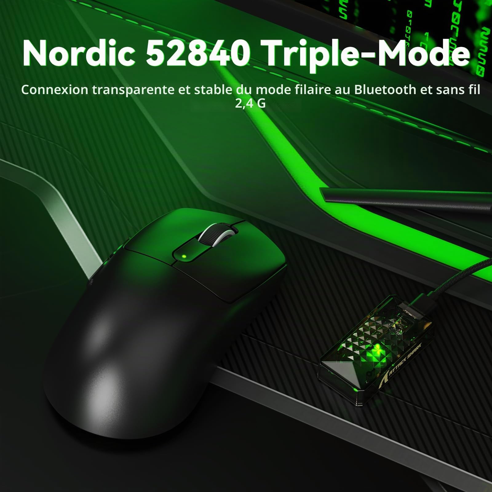 ATTACK SHARK V5 Souris Gamer sans Fil, 53g, Interrupteurs Optiques, Puce Nordic 52840, Capteur PAW3950MAX, Récepteur 8KHz LED, 20000 FPS, 42000 DPI, BT/2.4GHz/Filaire, 500mAh (Noir)