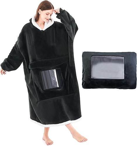 IVOKO Manta con capucha de gran tamaño de forro polar Sherpa con capucha con doble bolsillo visible, acogedora y gigante, manta con capucha plegable