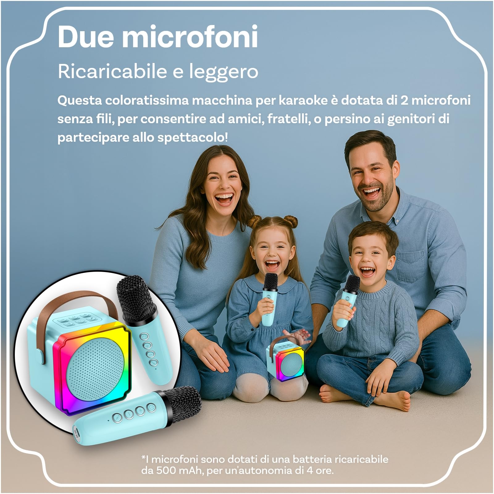 Macchina Karaoke per Bambini con 2 Microfoni Wireless di MMOBIEL – Portatile Cassa Bluetooth, 2 Microfono, Luce LED, Effetti Vocali – Giocattolo Musicale, Regalo per Ragazze, Ragazzi, Bambini 3+, Blu